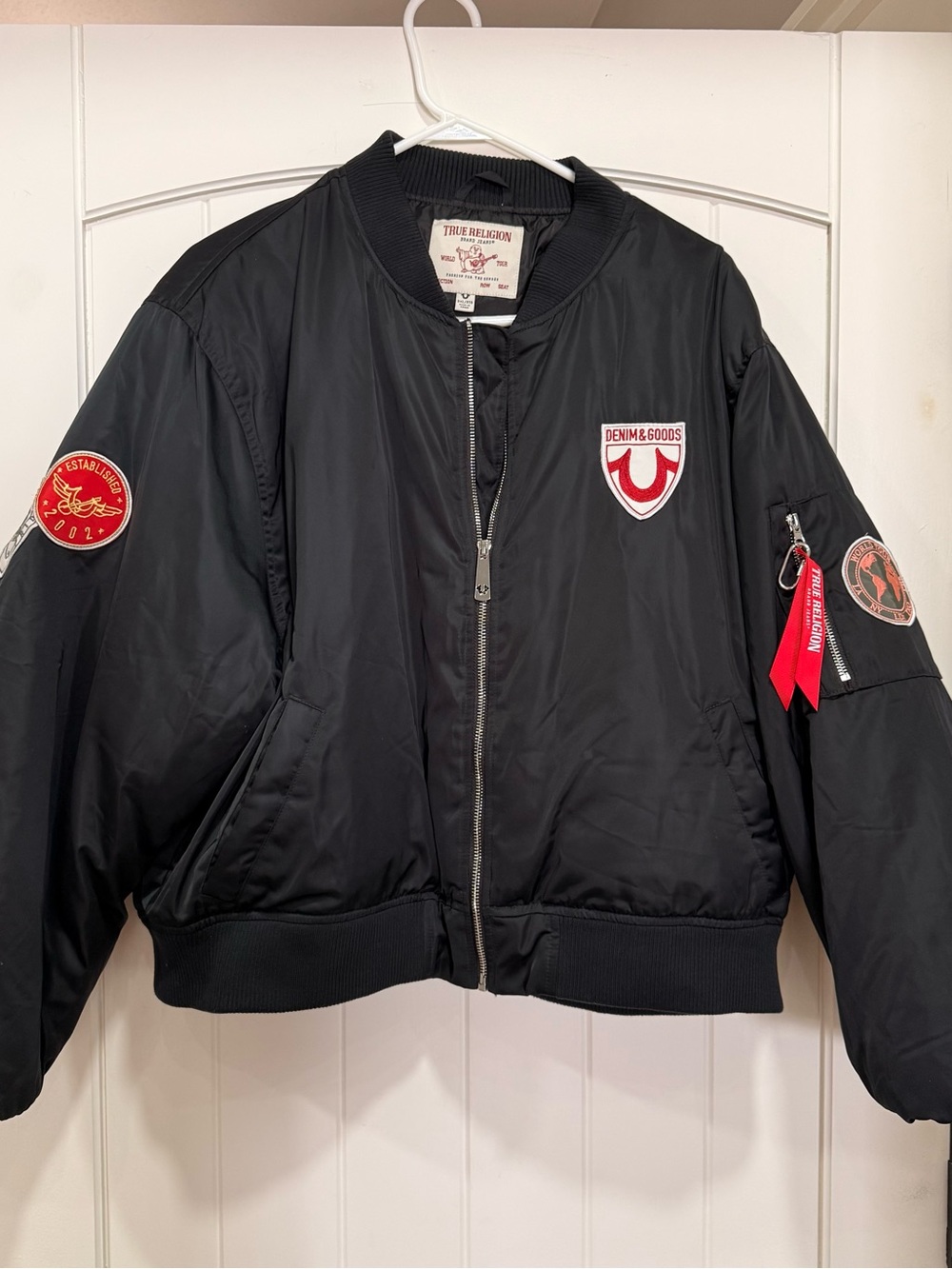 True Religion World Tour Bomber Jacket 3XL Multi-Patch Black